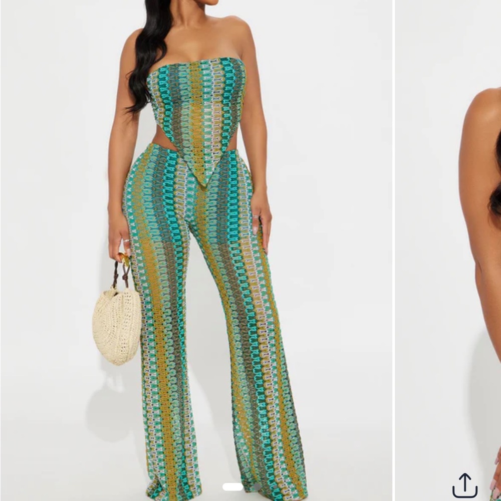 Fashion Nova Blue and Yellow Crochet Wide-Leg Set
